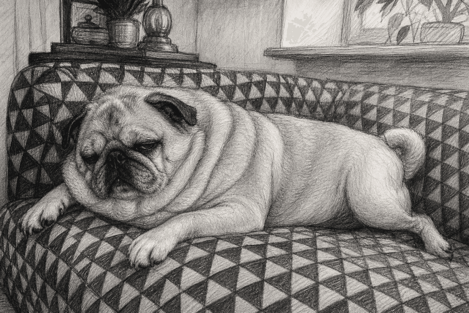 Early sketch: Puggsy collapsing on the couch (v2).