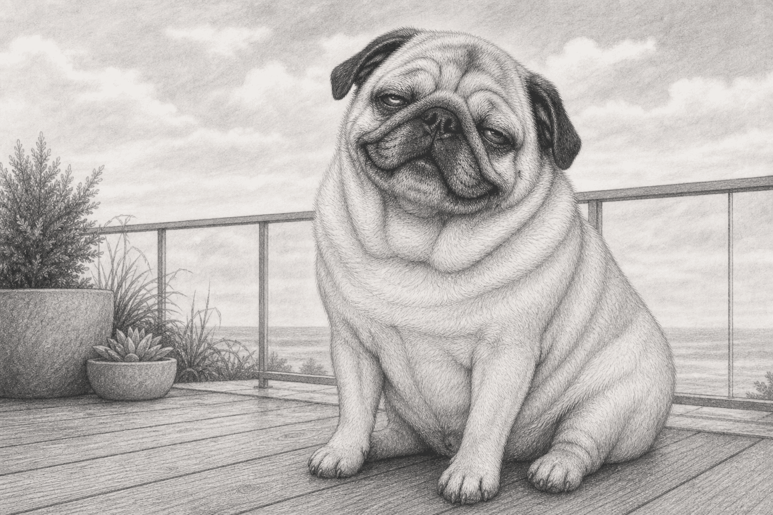 Puggsy mellow out on the balcony.
