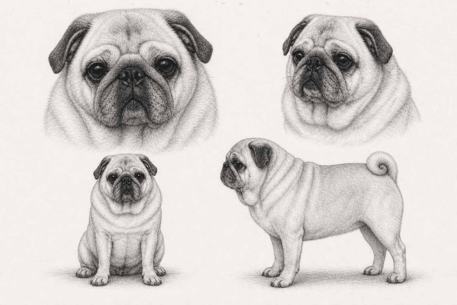 Puggsy character model sheet with turnarounds and expressions.
