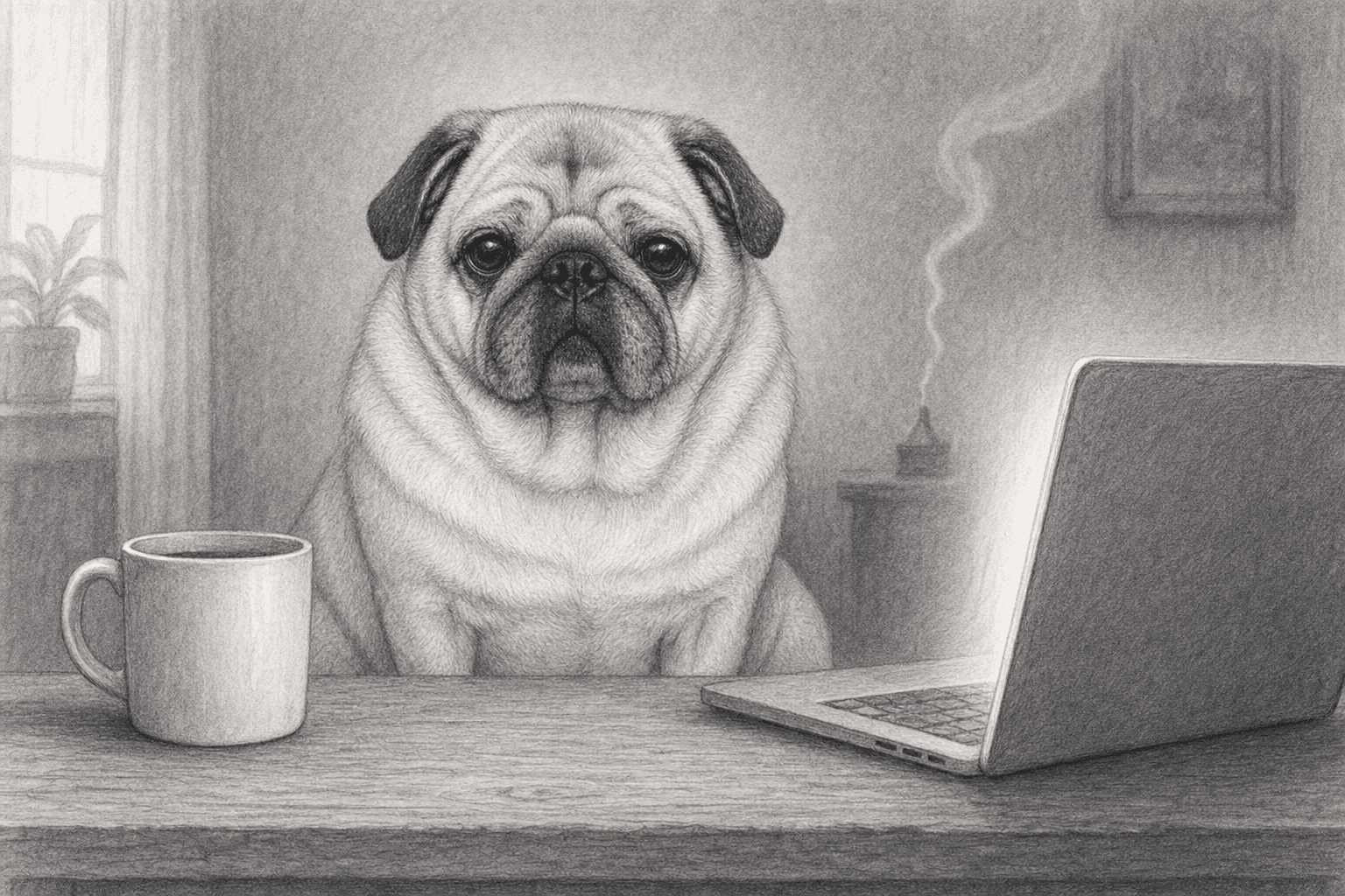 Puggsy at his desk in the smoke, mid-loop.